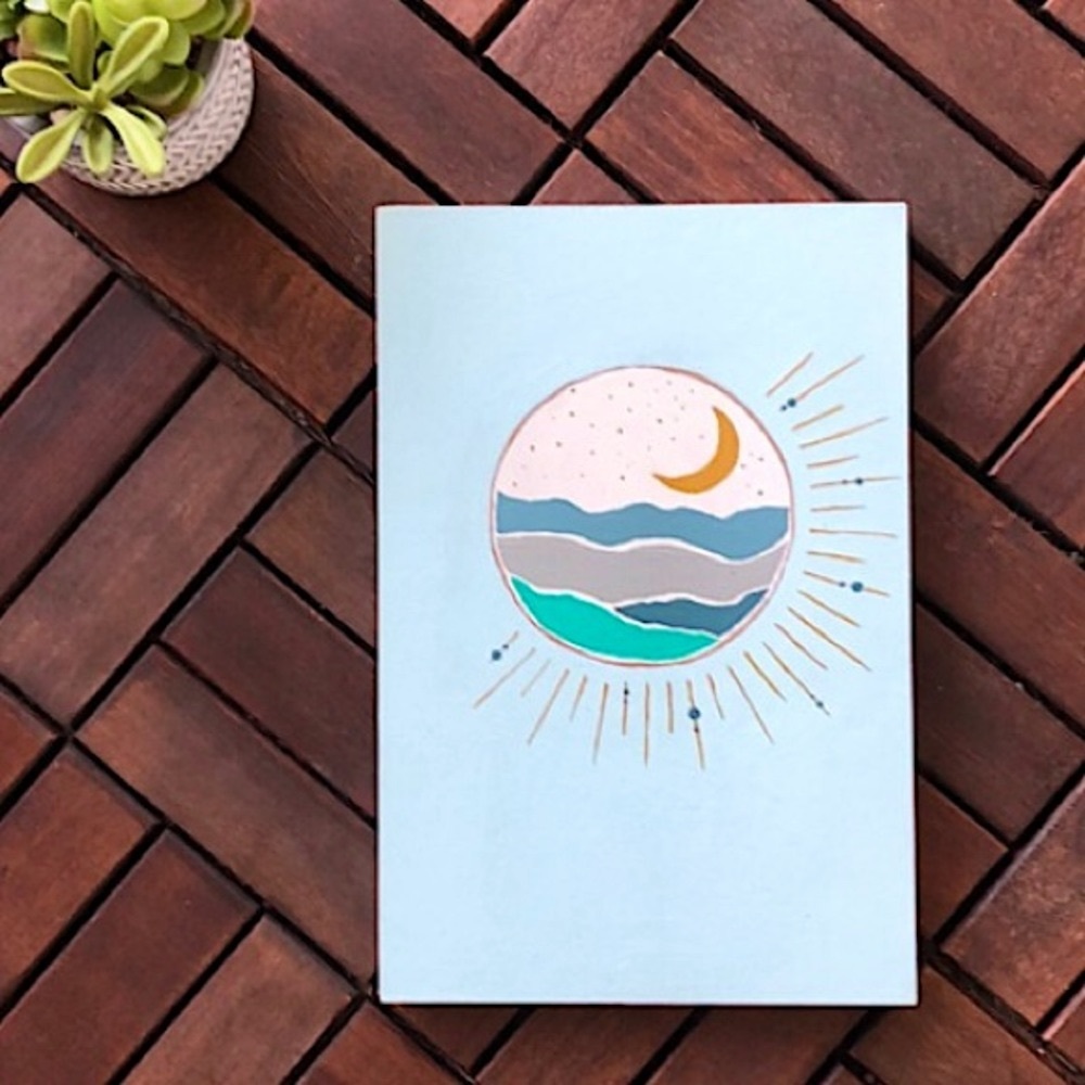 🌙🌊 Boho Original Wall Art - “Moonlit Ocean” - On 11.5” x 8” Wood.